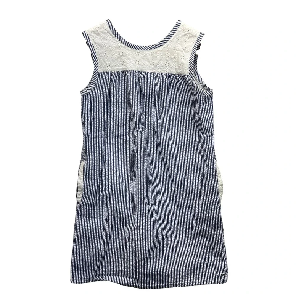 Vineyard Vines Girls Blue Stripe Seersucker Eyelet Dress Size 14 Pockets‎ Cotton